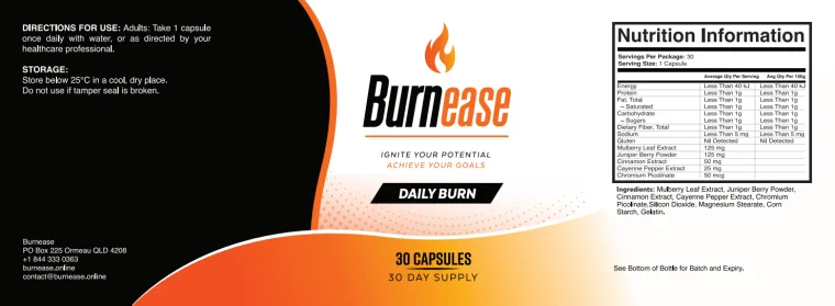 BurnEase Daily Burn label with directions for use, storage and the Nutrition Information panel